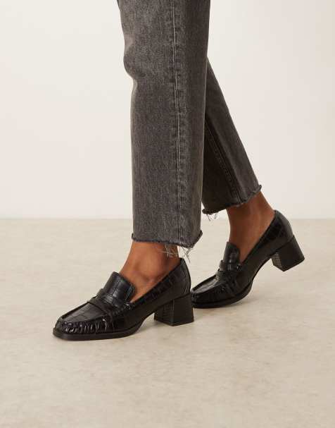 ASOS DESIGN – Siren – Svarta loafers med krokodilskinnsmönster och halvhög klack - view 1