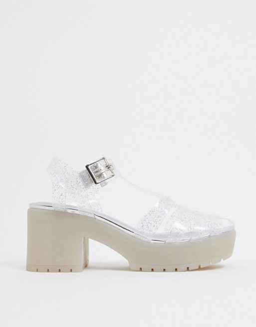 ASOS DESIGN Sissi heeled fisherman jelly sandals in clear glitter