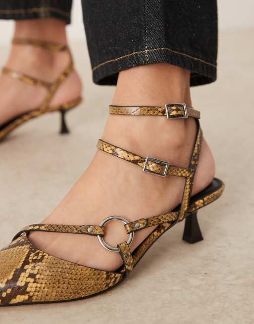 ASOS DESIGN Sissi ring detail kitten heel shoes in snake, 4 of 4