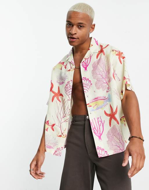 ASOS DESIGN – Sjöstjärnemönstrad skjorta i oversize och boxig passform med platt krage av linnemix