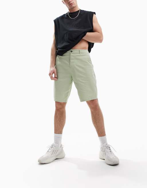 ASOS DESIGN pleated chino shorts in mid length in khaki