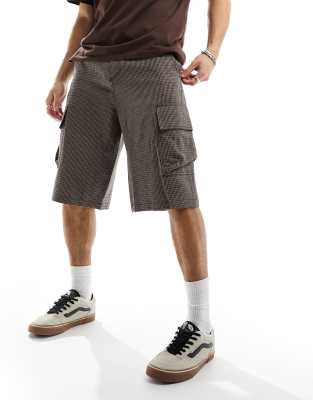 Asos Design Skater Short In Longer Length With Micro Check Detail In Brown