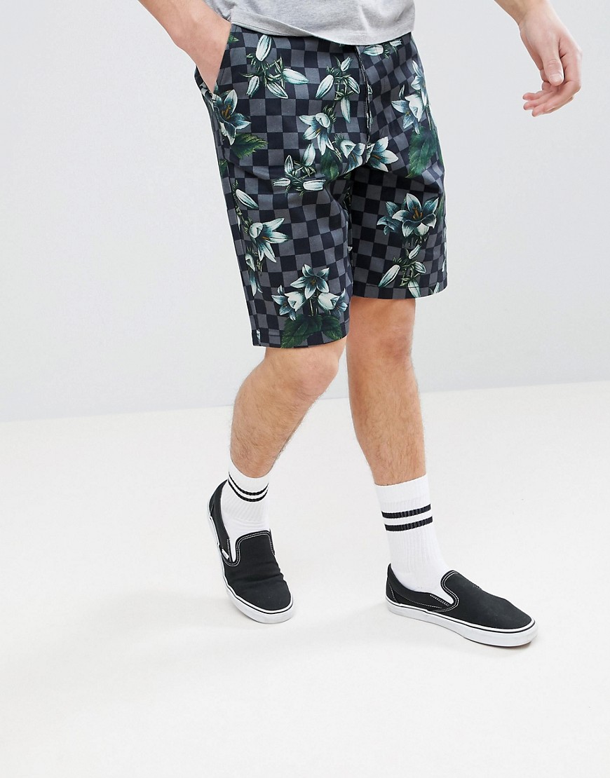 Asos Design Skater Shorts In Checkered Floral Print-gray In Green