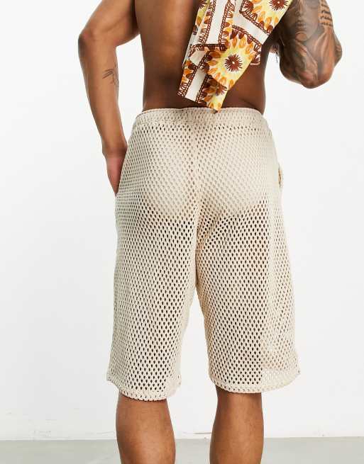 ASOS DESIGN skater shorts in longer length in textured fabric in beige , 3 of 4