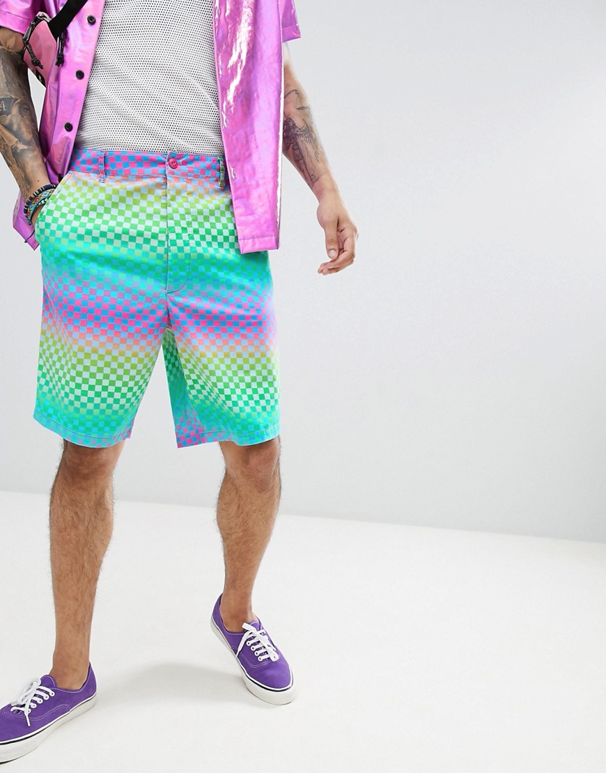 ASOS DESIGN Skater Shorts In Rainbow Checkerboard Print-Green