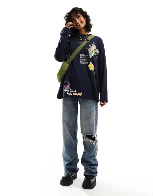 ASOS DESIGN - Skater T-shirt met lange mouwen en botanische print in donkerblauw