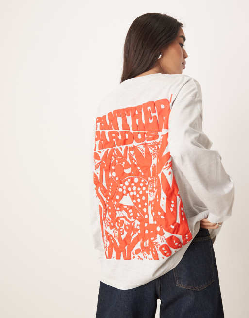 ASOS DESIGN - Skater-T-shirt met lange mouwen en grafische luipaardprint in gemêleerd ijsgrijs