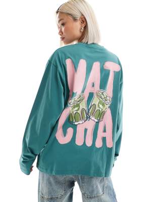 ASOS DESIGN - Skater-T-shirt met lange mouwen en Matcha-print in groen