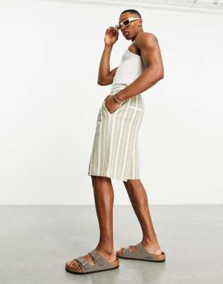 ASOS DESIGN skater textured shorts in longer length in tan stripe-Brown