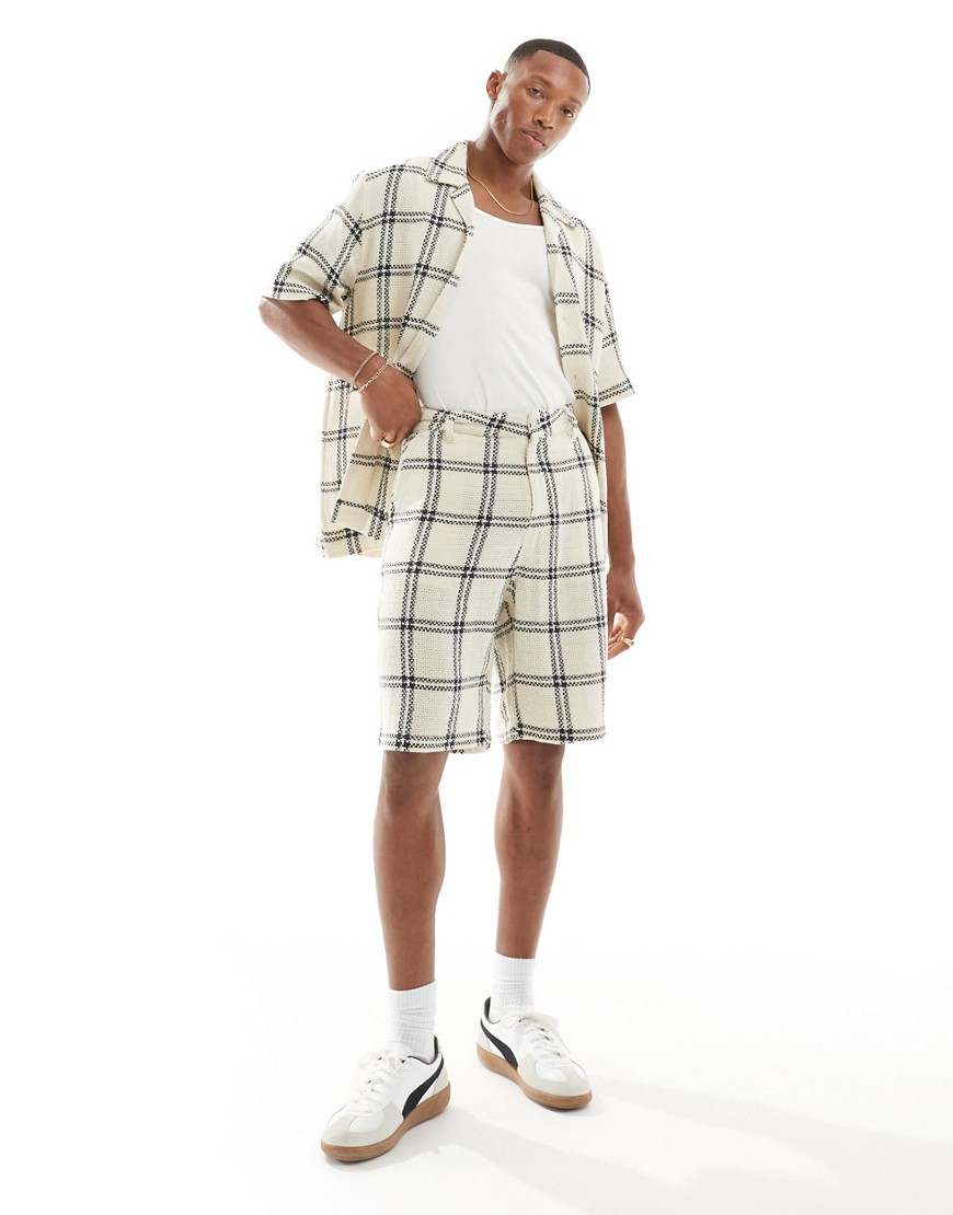 Asos Design Skater Textured Shorts In Neutral Check - Part Of A Set
