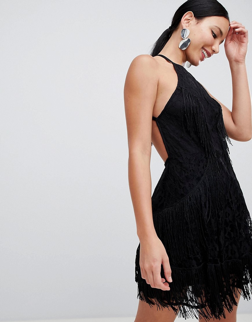 ASOS DESIGN - Skatermini-jurk met open achterkant en kant met franjes-Zwart