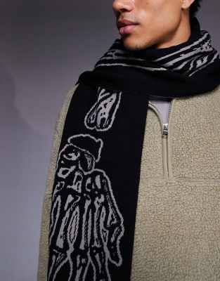 Asos Design Skeleton Print Scarf-gray In Gray