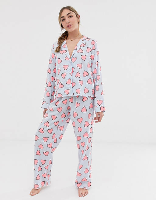ASOS DESIGN sketchy heart traditional pyjama trouser set in 100% modal