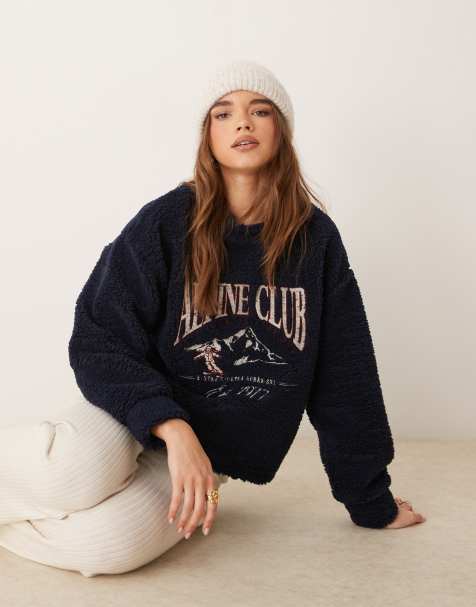 ASOS DESIGN ski club embroidered oversized borg sweatshirt in navy - view 1