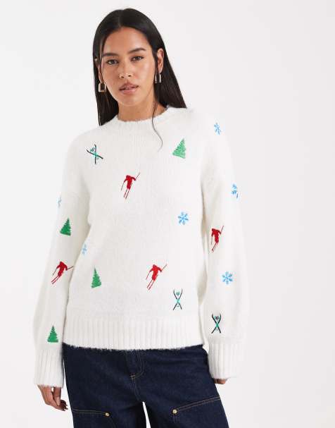 ASOS DESIGN ski embroidered sweater in white - view 1