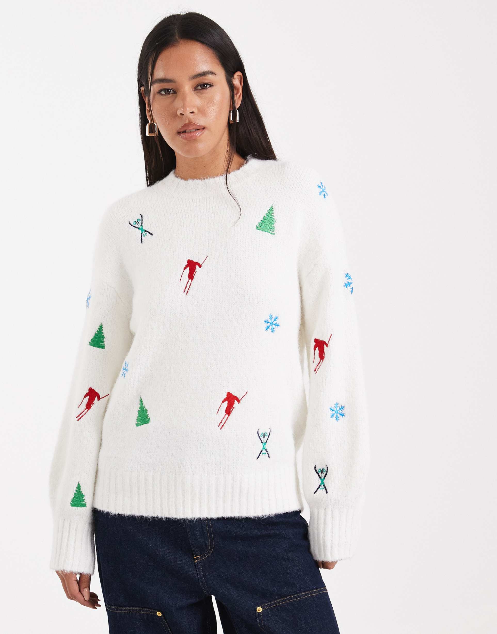 asos design ski embroidered sweater in white