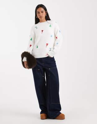 Asos Design Ski Embroidered Sweater In Multi