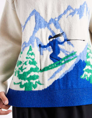 Asos Design Ski Scenic Sweater-white In Multi