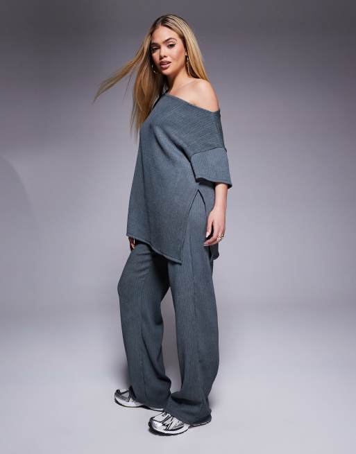 ASOS DESIGN - Skifergrå offshoulder-top i krølstof med tekstur - Del af sæt, 3 af 4