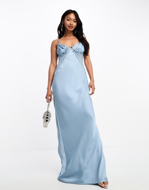 ASOS DESIGN – Skifferblå, diagonalskuren maxiklänning i satin med spänne och paneler, 4 av 4