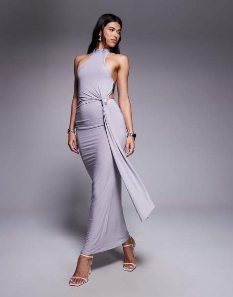 ASOS DESIGN – Skiffergrå, åtsmitande maxiklänning med draperad ringning och knut framtill - view 1