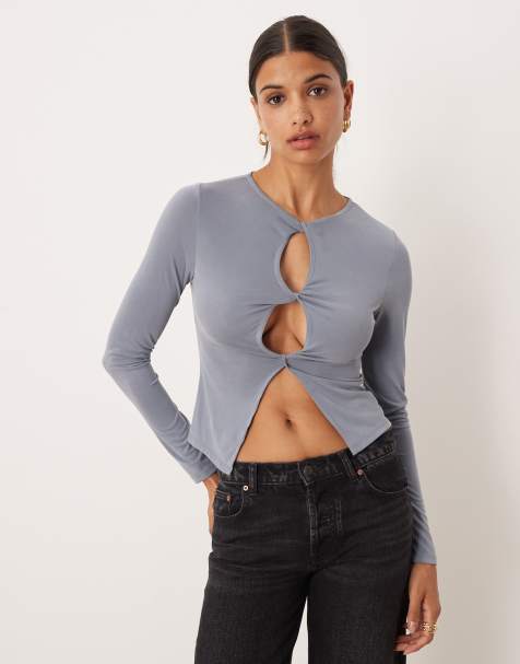 ASOS DESIGN – Skiffergrå, långärmad kofta i modal med nyckelhålsöppning - view 1