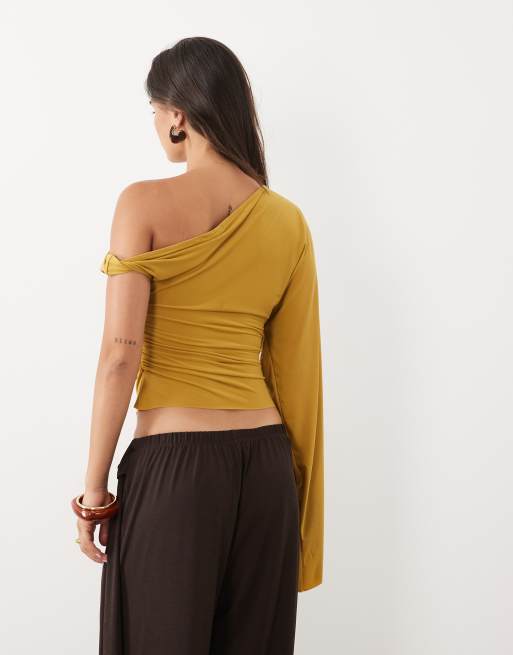 ASOS DESIGN skinky asymmetric one cape sleeve top in olive, 4 of 4