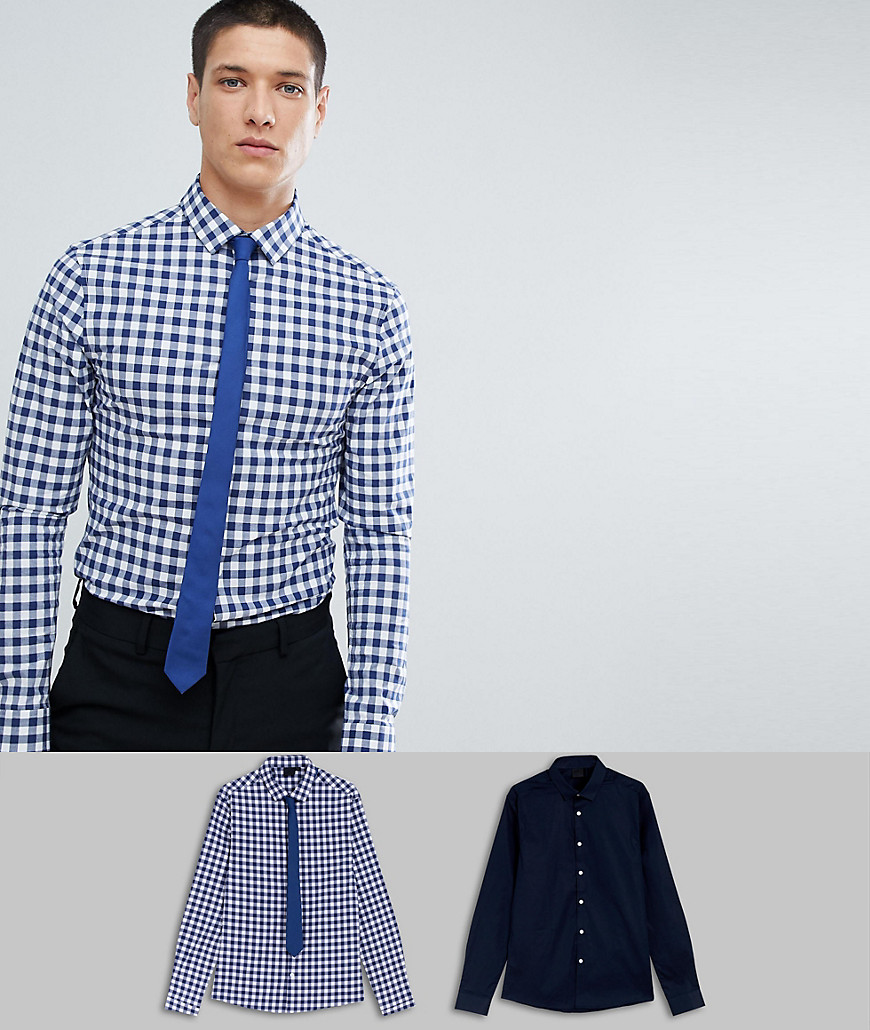 ASOS DESIGN skinny 2 pack navy plain & check shirt with navy tie