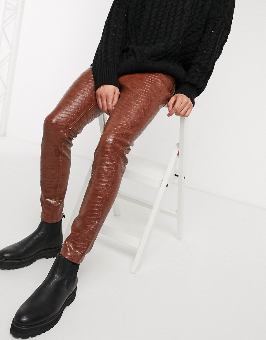 ASOS DESIGN skinny ankle grazer jeans in leather look crocodile-Brown