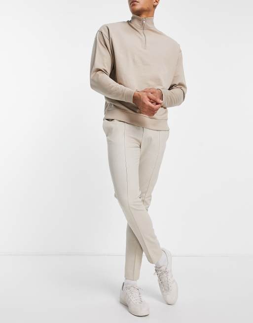ASOS DESIGN skinny ankle grazer smart trackies with contrast drawcord in beige