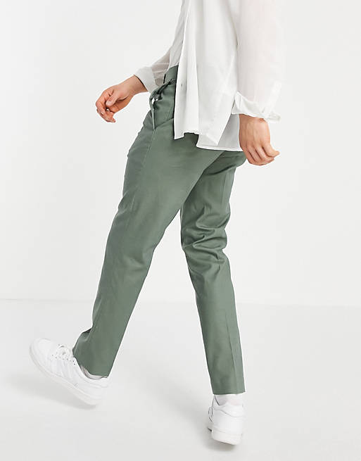 ASOS DESIGN skinny ankle grazer smart trouser with belt in green linen mix