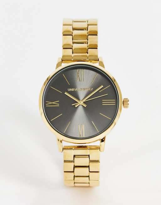 ASOS DESIGN - Skinny armbandhorloge met gunmetal wijzerplaat in goudkleur