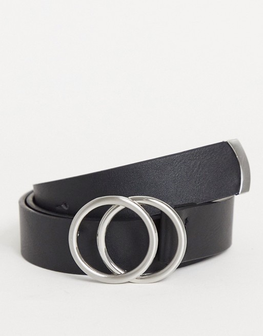 ASOS DESIGN skinny belt in black faux leather with double circle silver buckle