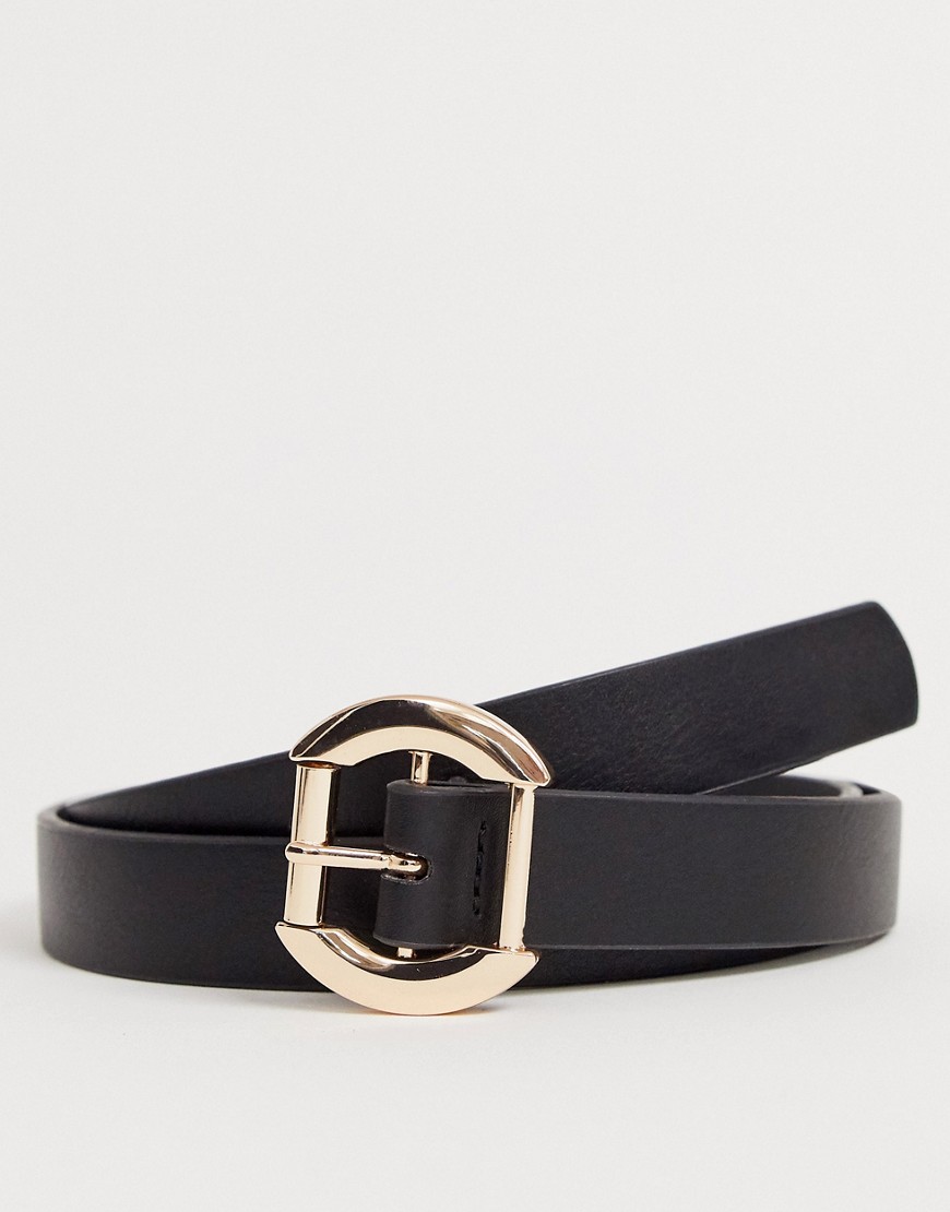 ASOS DESIGN skinny belt in black faux leather with gold circle buckle