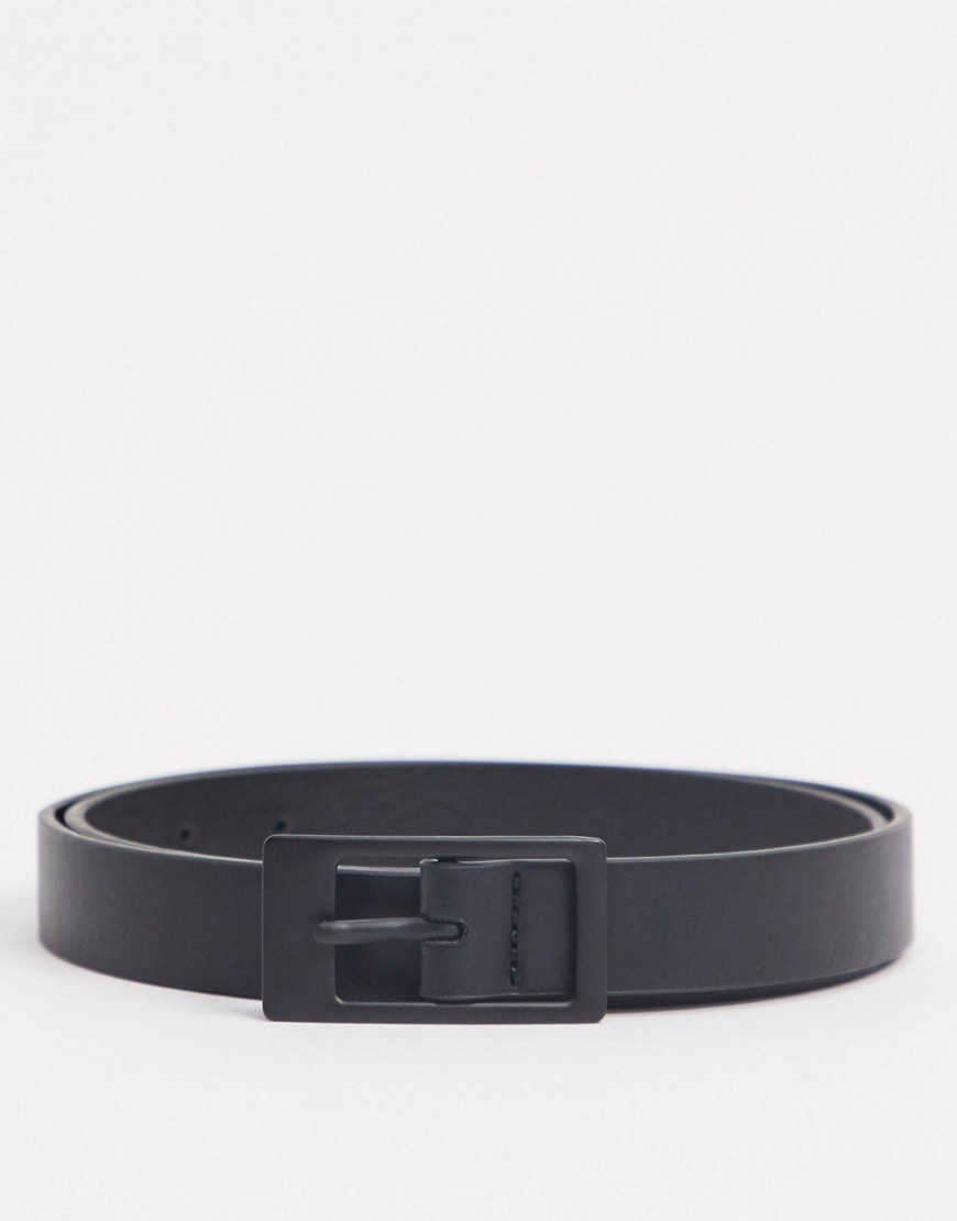 ASOS DESIGN skinny belt in black faux leather with matte black rectangle buckle