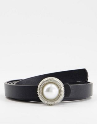 ASOS DESIGN skinny belt in black faux leather with pearl detail