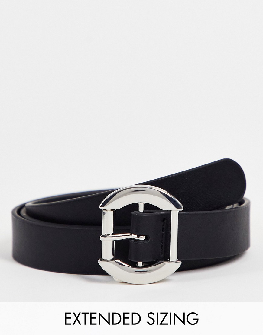 ASOS DESIGN skinny belt in black faux leather with silver buckle detail