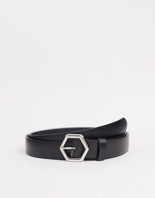 ASOS DESIGN skinny belt in black faux leather with silver hexagon buckle