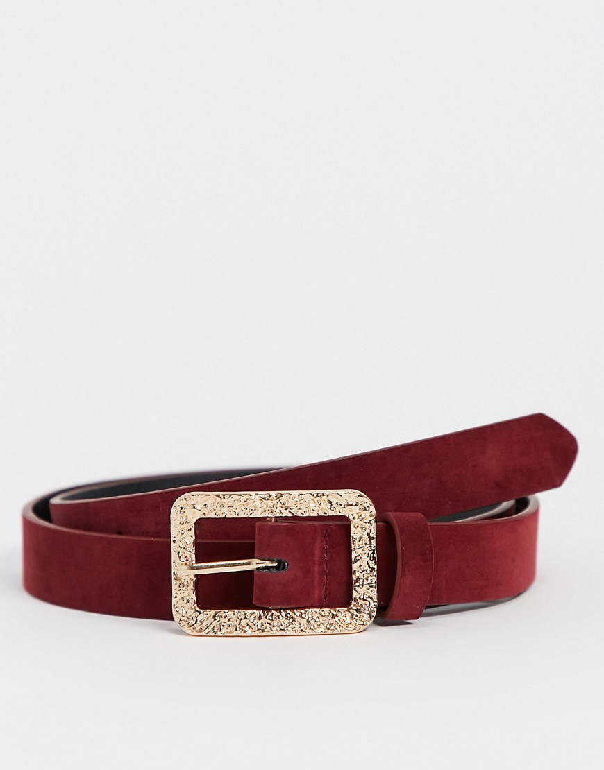ASOS DESIGN skinny belt in burgundy velour with gold buckle-Red