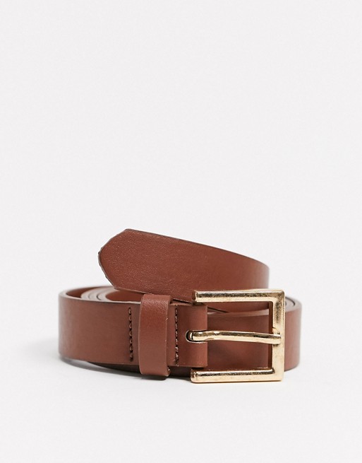 ASOS DESIGN skinny belt in dark tan faux leather with gold rectangle buckle
