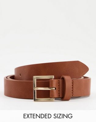 ASOS DESIGN skinny belt in tan faux leather with gold buckle