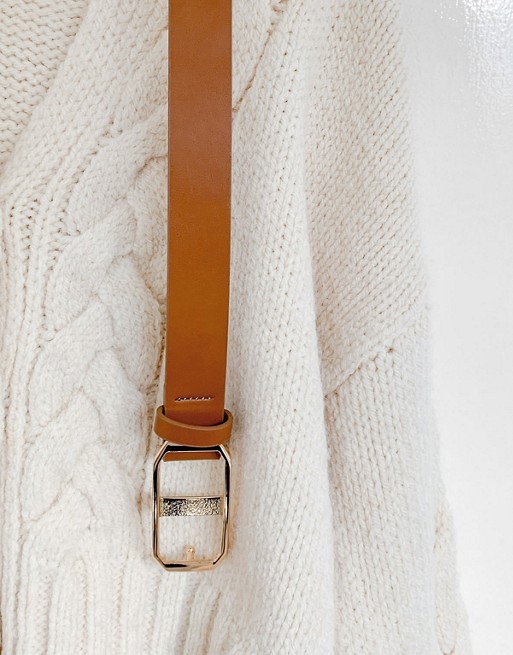 ASOS DESIGN skinny belt in tan faux leather with rectangle gold buckle