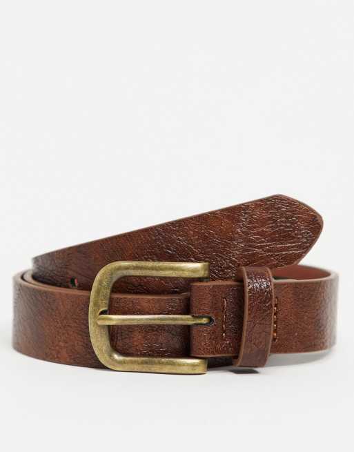 ASOS DESIGN skinny belt in vintage tan faux leather with antique