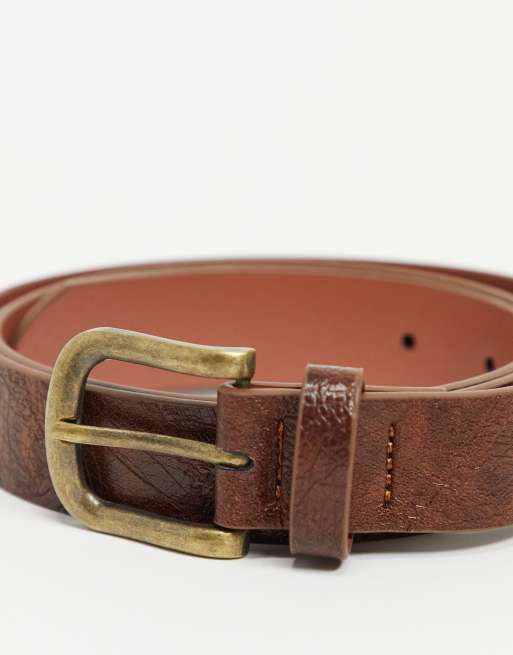 ASOS DESIGN skinny belt in vintage tan faux leather with antique