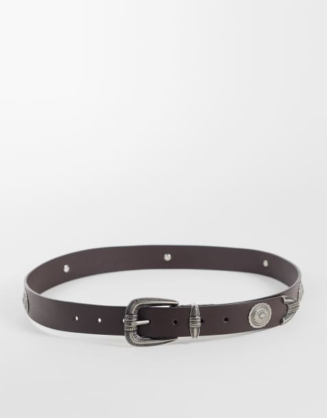 ASOS DESIGN skinny belt with discs in brown - view 1