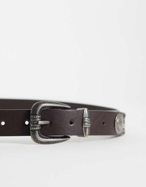 ASOS DESIGN skinny belt with discs in brown, 2 of 3