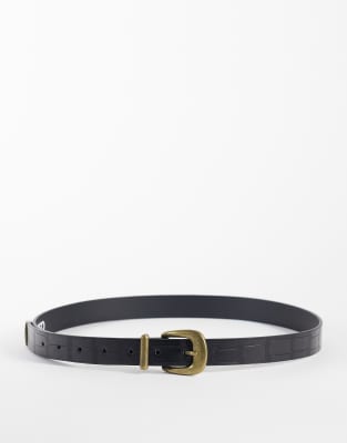 Asos Design Skinny Belt With Gold Curve Buckle And Metal Tip In Black