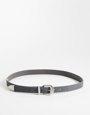 Asos Design Skinny Belt With Silver Curve Buckle And Metal Tip In Gray