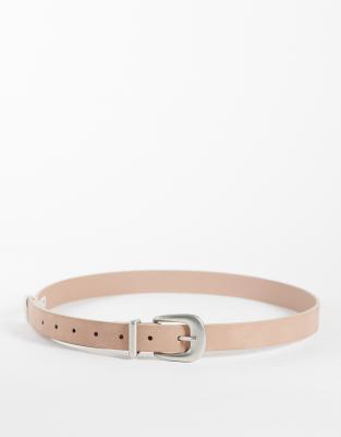 Asos Design Skinny Belt With Silver Curve Buckle And Metal Tip In Neutral