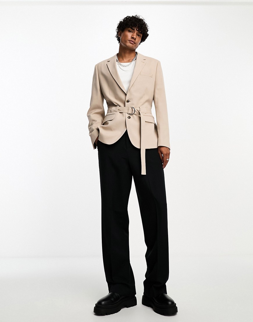 Asos Design Skinny Belted Blazer In Taupe In Micro Texture-neutral